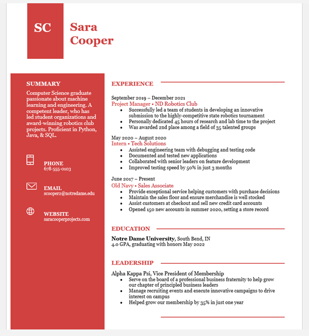 An example resume to illustrate how a resume could be formatted and organized.