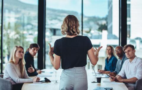 Rear view of a woman explaining new strategies to coworkers during conference meeting in office.