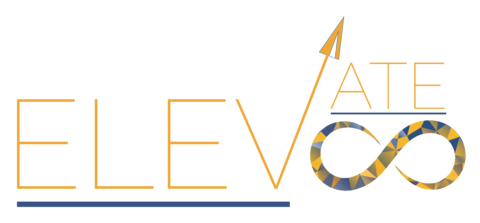 The word Elevate in gold, with ELEV underlined in navy blue with an arrow lifting off from the V. The ATE is smaller in size and sits over a navy blue and gold sapphired infinity symbol.