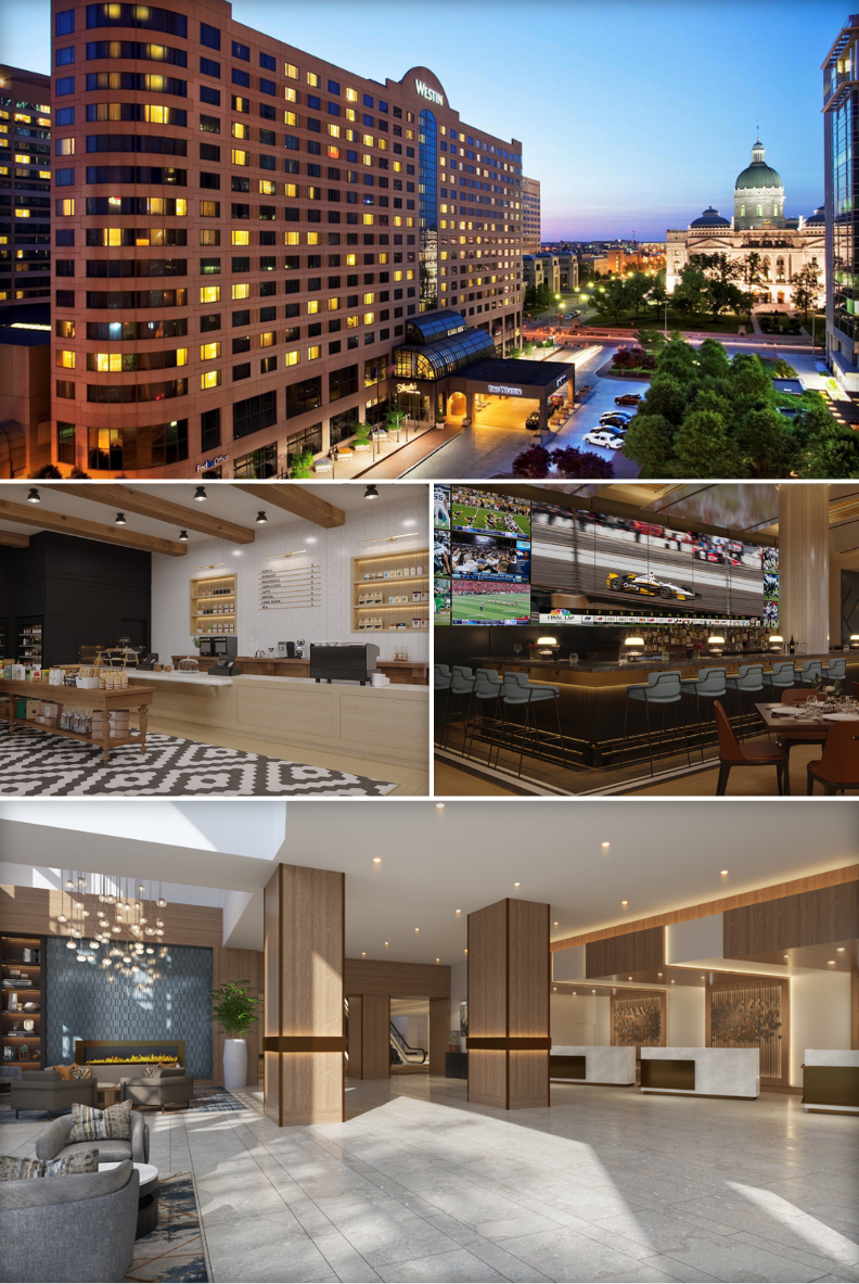 A collage of images of The Westin Indianapolis. The top image is of the exterior of the hotel at dusk. The center left image is of the Ten Hands Market. The center right image is of the Ten Hands Bar and Eatery. The bottom image is of the hotel lobby and check in.