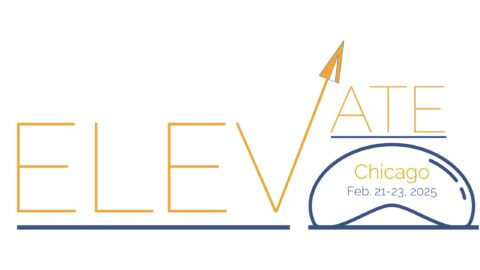 Elevate Logo with the famous Chicago bean. In the bean it says, Chicago, Feb. 21-23, 2025.